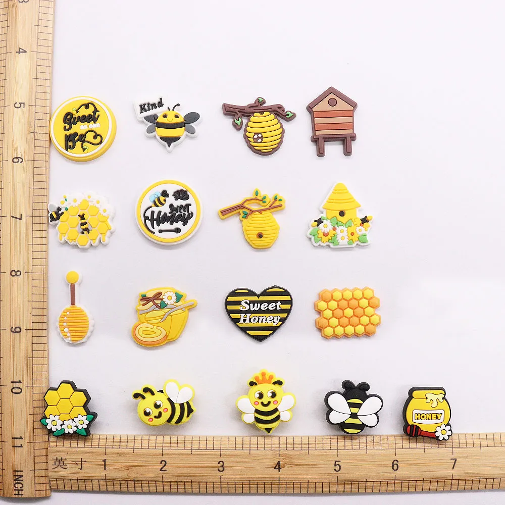 Wholesale 100Pcs PVC Yellow Bee Flower Honey House Kind Sweet Buckle Shoe Charms Adult Accessories For Wristband Button Clog Decorations