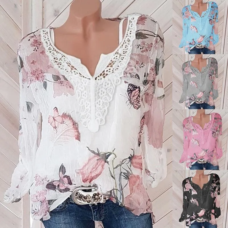 Blouses -shirts voor dames zomer lange mouw dames en tops losse witte kanten patchwork shirt big size dames casual vintage print chiffon shi