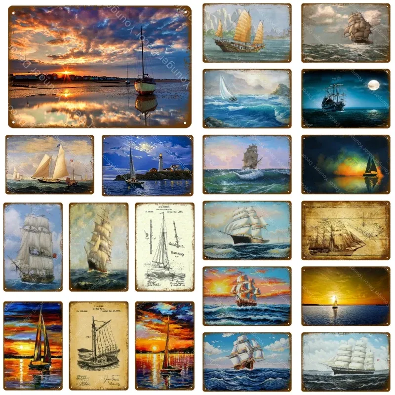 Vintage Ozean Segeln Kunst Gemälde Boot Schiff Kunstdrucke Metall Poster Retro Blechschilder für Pub Bar Cafe Zimmer Wanddekoration Segelboot personalisierte Blechtafel Größe 30 x 20 cm w02