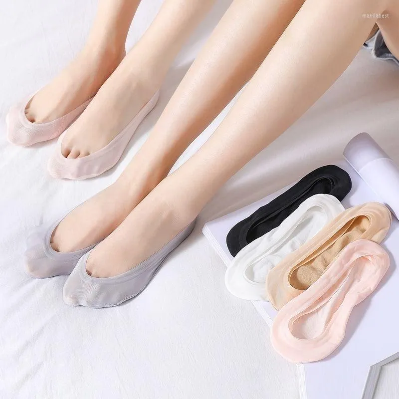 Calcetines de mujeres 5 pares de zapatillas de calcetines delgados de verano silicona sin deslizamiento de hielo seda sin espectáculos para damas invisibles sin costura bote de corte bajo
