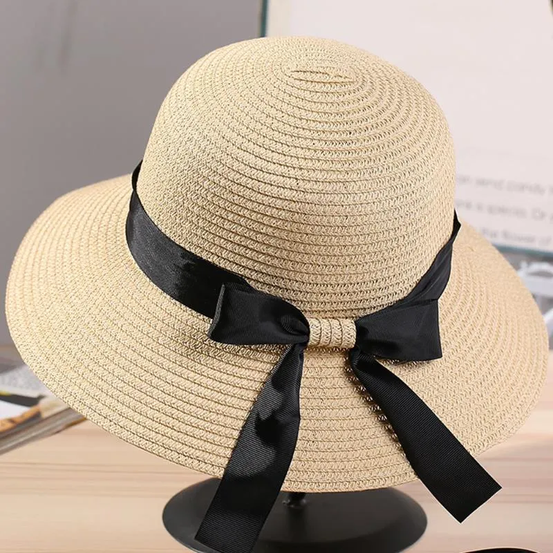 Wide Brim Hats Women Summer Anti-UV Beach Cap Straw Hat Bow Tie Elegant Sun Sunscreen Female Caps Round Flat Top Gorras