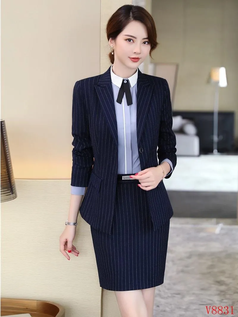 Damespakken Blazers Formele marineblauwe blazer vrouwenbedrijf met rok- en jasetsets Elegant Ladies Office Uniform Design Style