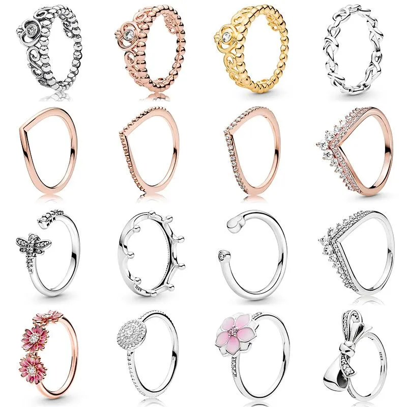 925 Mujeres de plata Fit Pandora Ring Original Heart Crown Anillos de moda Sparkling Rose Gold Wishbone Butterfly Crown Crystal