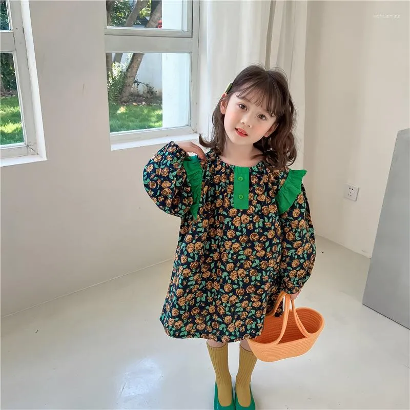 Girl Dresses Girls voor Girled Sleeve Dress 2023 Leer Koreaanse stijl Baby kinderen Mori Lange bloemenprinsesmode