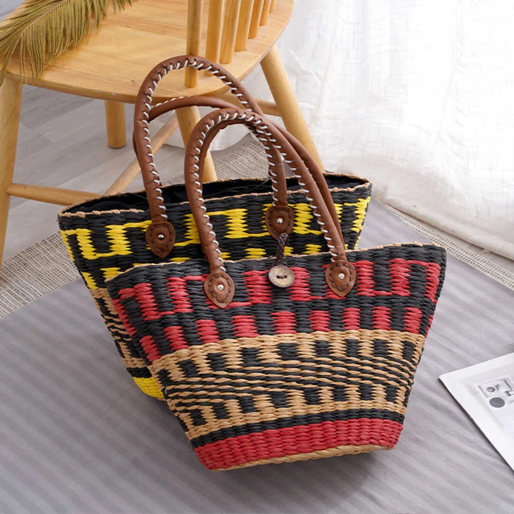 Straw Bags Women Handmade Woven Basket Tote Summer Boho Beach Holiday Travel Female Shoulder Handbags Square Woven Straw Bags 230304