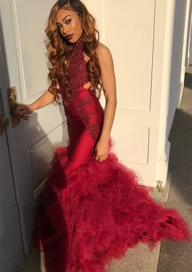 Burgundy African Mermaid Burgundy Mermaid Prom Dress with Halter Neck, Backless Design, Lace Applique, and Tiered Skirt - Perfect for Formal Evening