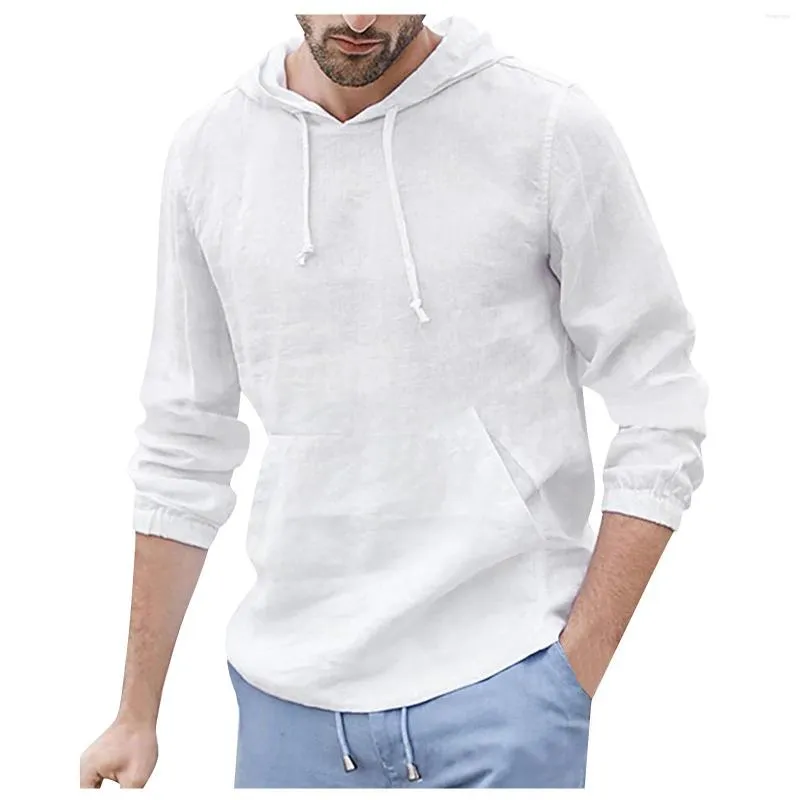 Men's Hoodies 2023 Trend Man's Hooded Cotton Linen T Shirt Male Casual Loose Long Sleeve Solid Color Shirts Man Flax V-neck M-3xl