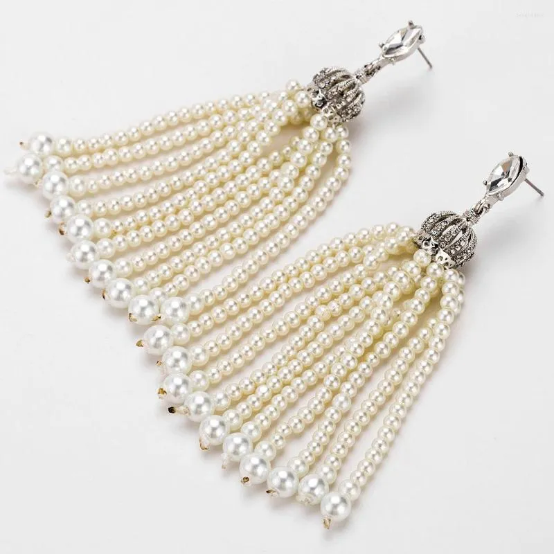 Kolczyki Dangle Exquite ręcznie robione jasne perłowe sznur super długi frędzl