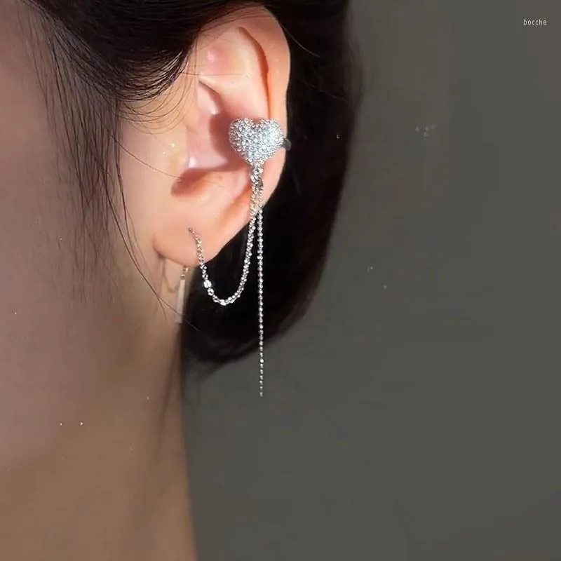 Backs Earrings Full Diamond Love Ear Studs Clips One-piece Pierced Bone Clip Temperament Long Tassel Heart-shaped