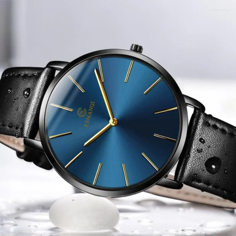 Wristwatches Fashion Business Men's Watches Ultra Thin Mens Blue Dial Leather Band Quartz Relogio Masculino Reloj Hombre