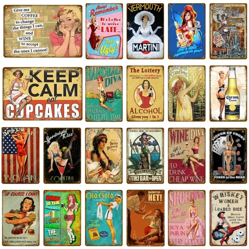 Vintage Tin Sign Pin Up Girls With Beer Art Målning Vin kaffemetallskyltar för pubbar café hem casino dekor sexig dam vintage vägg tenn affisch storlek 30x20 cm w02