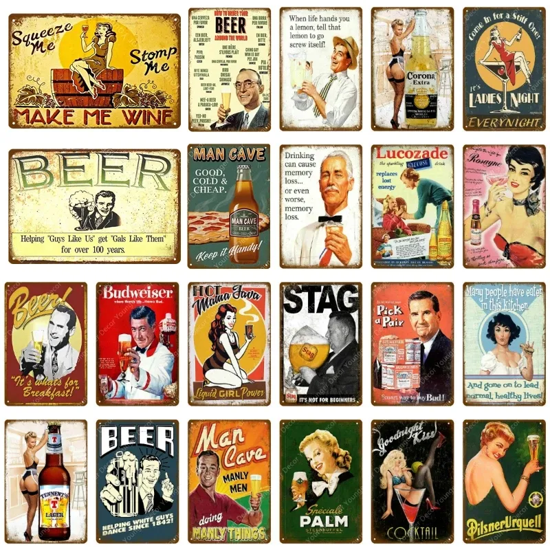 Vintage Man Cave Decor Tin Sign Make Me Wine Beer Metal Signs Vintage Affisch Wall Sticker för Pub Bar Party Retro Hem Dekoration Muralmålning Storlek 30x20 cm W02