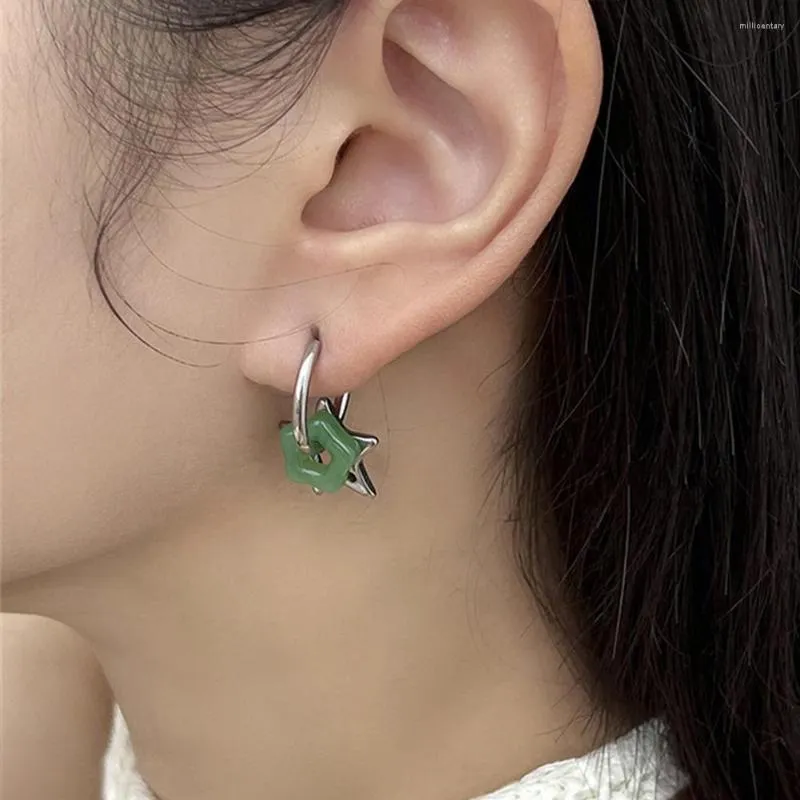 Hoop oorbellen Verklaring Silver kleur Koperimitatie Jade Star Hoops For Women Huggies Earring Piercing Accessoire sieraden Geschenk 2023