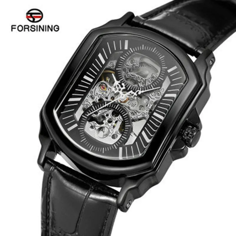 Polshorloges Top Hollow Out Automatic Mechanical Men Square pols horloge echte lederen band tandwielbeweging ontwerp cadeau