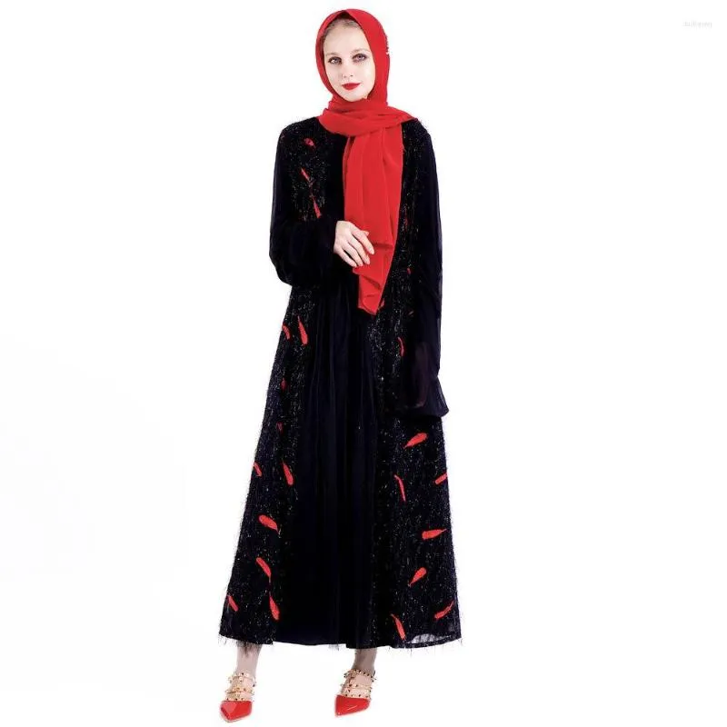 Etnische kleding Abaya Islamitische mode Ramadan Feather borduurgordel buiten Women Cardigan Robe moslim Arabische Dubai Hoge taille rok