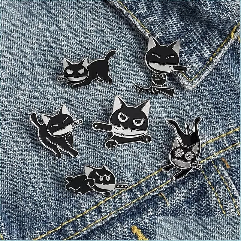 Acessórios para desenhos animados Faca de gato preto Broches de esmalte punk pino para mulheres jóias de jóias de moda metal pinos vintage badge atacado dhsr3