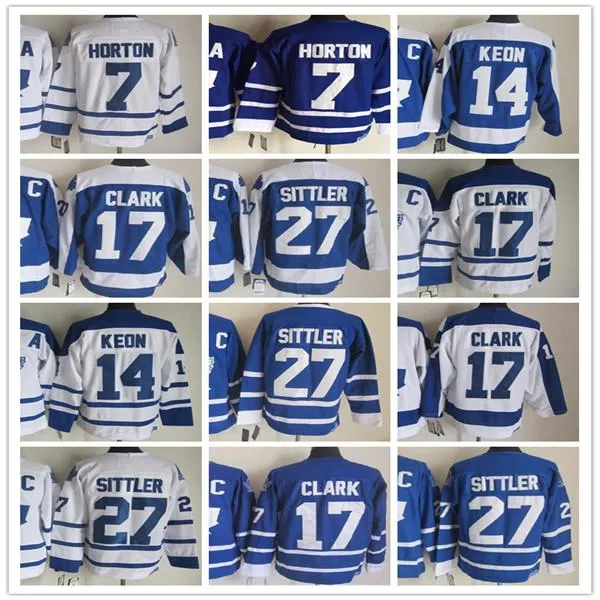 Custom Men Vintage Toronto Hockey CCM Retro Jerseys 17 Wendel Clark 27 Darryl Sittler 14 Dave Keon 7 Tim Horton 1 Johnny Bower zszył niebieski