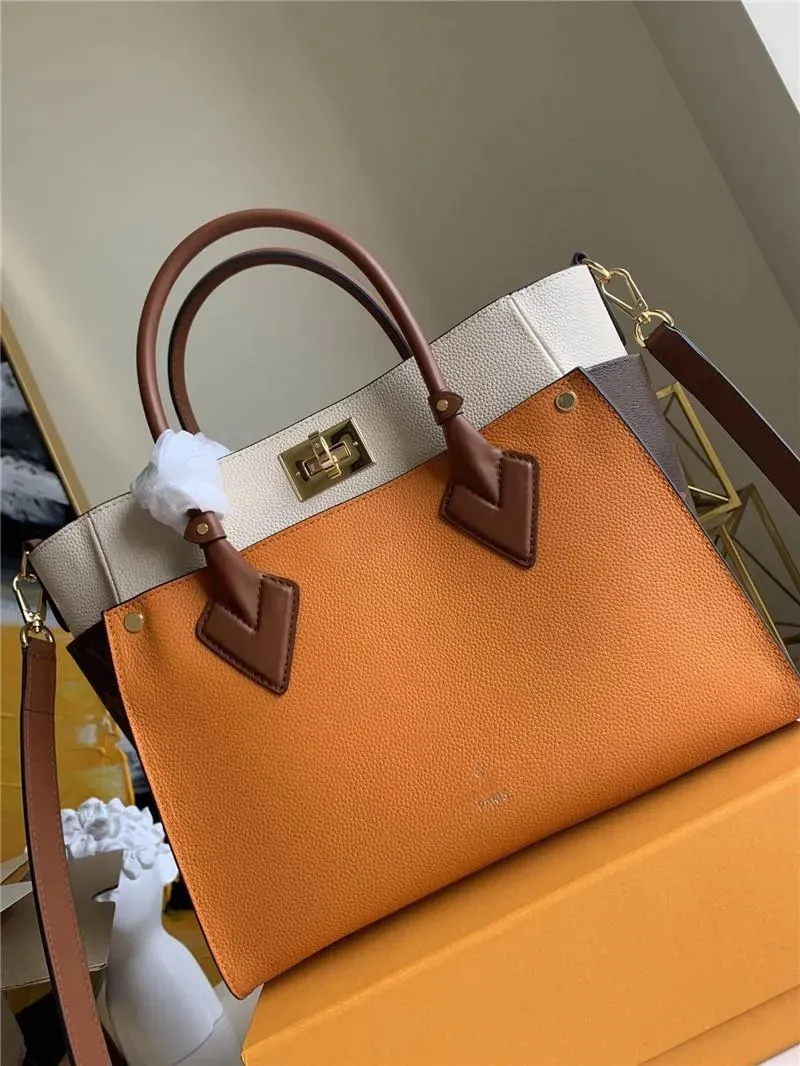 Designer Luxury Handbag Pures Tuffeage Läder Orange Tygväska på min sida MM Boston -väskor med enstaka justerbara remmar axelhandväskor M53823 Crossbody Bag