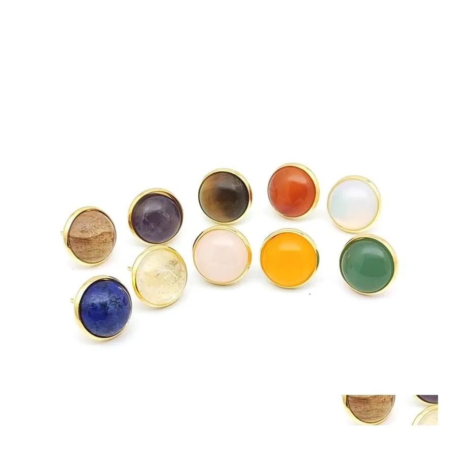 Stud 12mm Healing Stone Gold Plated Oorrings Rose Quartz Purple Amethyst Crystal Lazi Reiki oorring voor vrouwen meisje drop levering jood dh6at