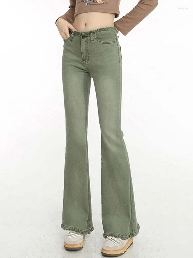 Kvinnors jeans 2023 Autumn Fashion Y2k Green Women High midje stretch Femme byxor Vintage Casual Comfort Denim Flare Pants