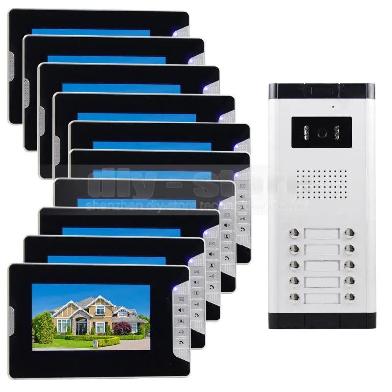 Téléphones de porte vidéo qualité 7 "téléphone d'appartement 4 fils système d'interphone audiovisuel caméra IR pour 10 famillesVidéo