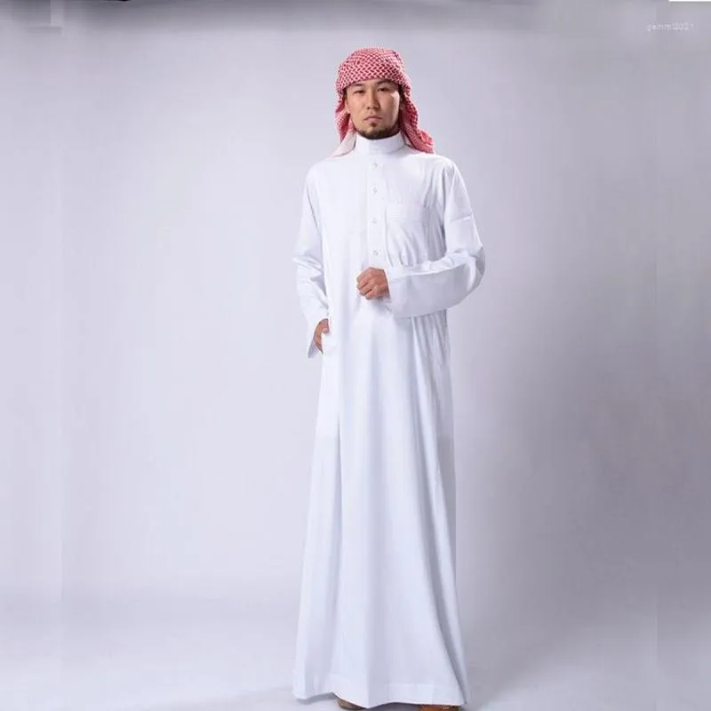 Vêtements ethniques arabie saoudite Costumes traditionnels homme musulman Jubba Thobe solide blanc col montant Polyester longue Robe Robe islamique