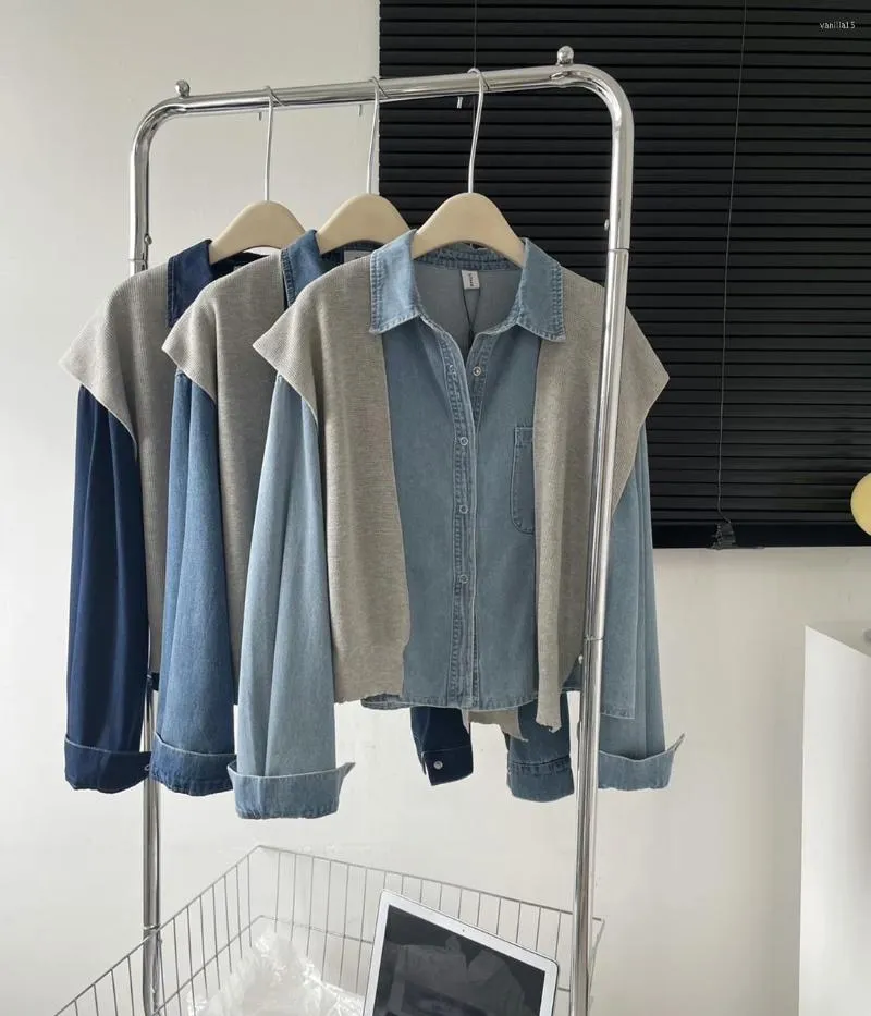 Women's Blouses Casual Denim Shirts Women Tender With Shawl Blue Retro Polo Collar Mujer 2023 Trendy Girl Tops Long Sleeve