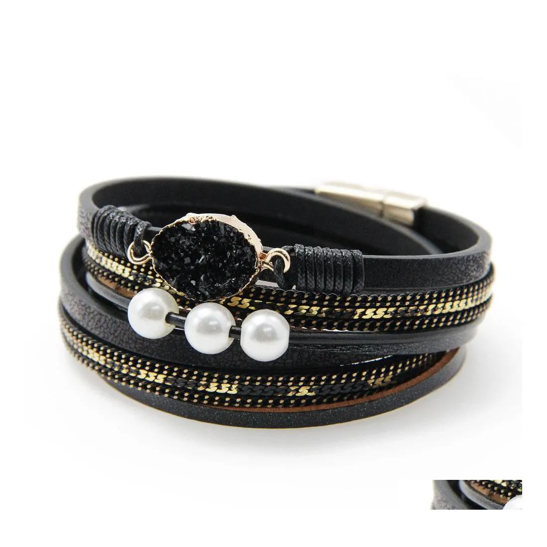 Tennis lederen wrap armband magnetische clasp mti layer streng boheemian touw polsbandjes manchet kristalbangle sieraden voor vrouwen tiener gir dhjmw