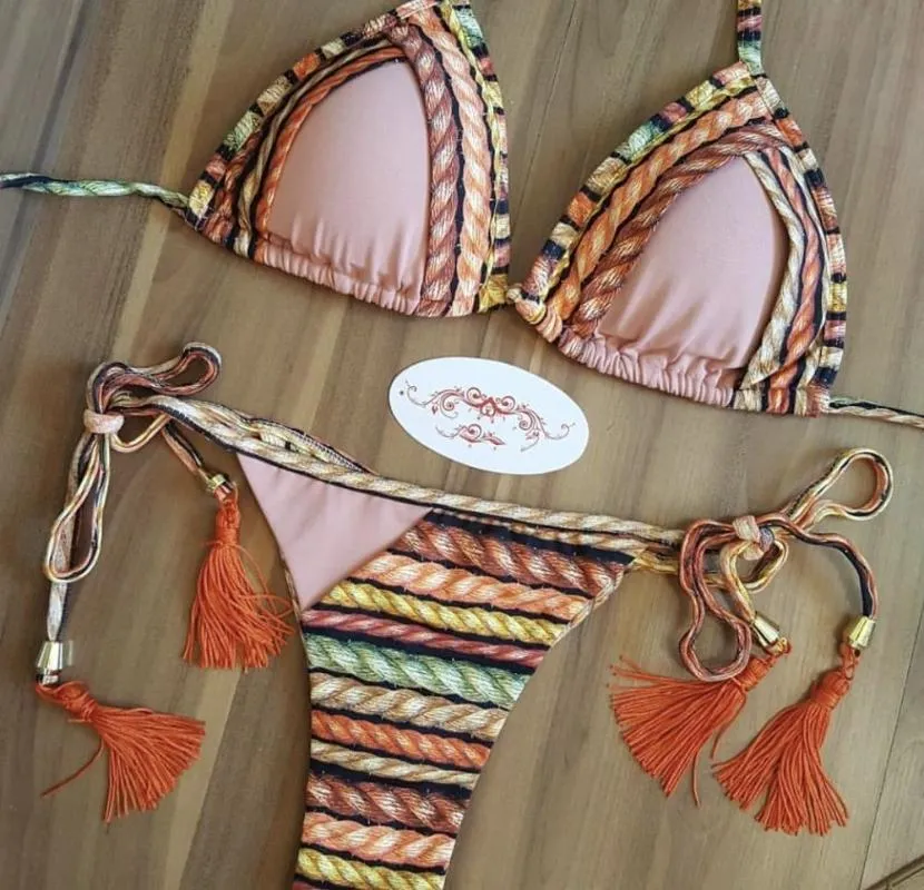 Maillot de bain femme Sexy imprimé fleuri Micro Bikini 2023 femmes à lacets pansement Orange Push string brésilien baigneur maillot de bain