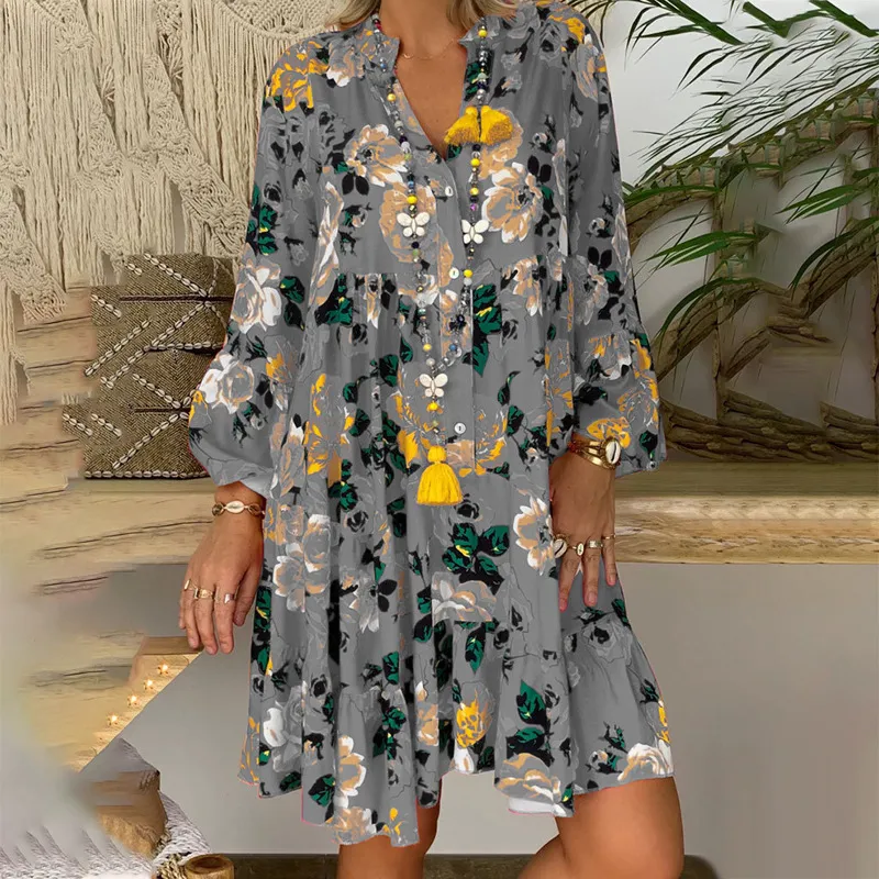 Casual Dresses Plus Size Dress Women Fashion Buttons V Neck Long Sleeve Summer Loose Floral Print Short Mini Beach4flx