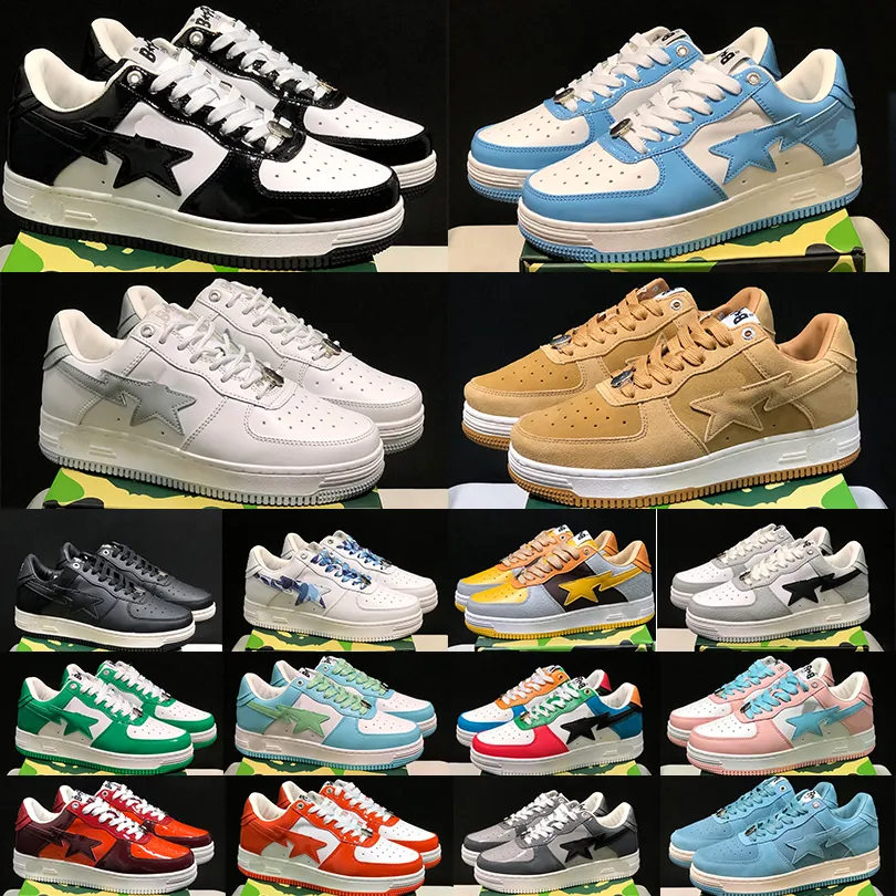 BAPESTAS Buty do biegania Bape Platforma STA STA BIAŁY BIAŁO PINNY ZIELONY ZIEMNOTNY BEIGE PATENT PATENT MUEDE SUEDE Treakers