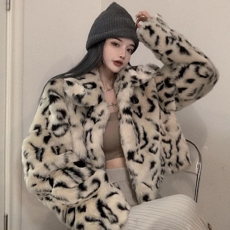 Women's Jackets Retro Hong Kong Style Plush Velvet Leopard Print Puffer Jacket Autumn And Winter Versatile Small Short Faux Fur