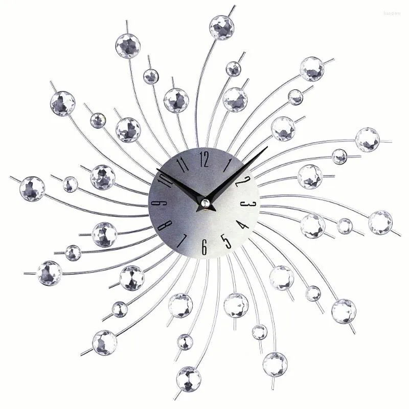 壁時計豪華な家の装飾時計ビンテージメタルアートダイヤモンド大型レトロウォッチ3Dスライバービーズワンドクロックモダンデザイン