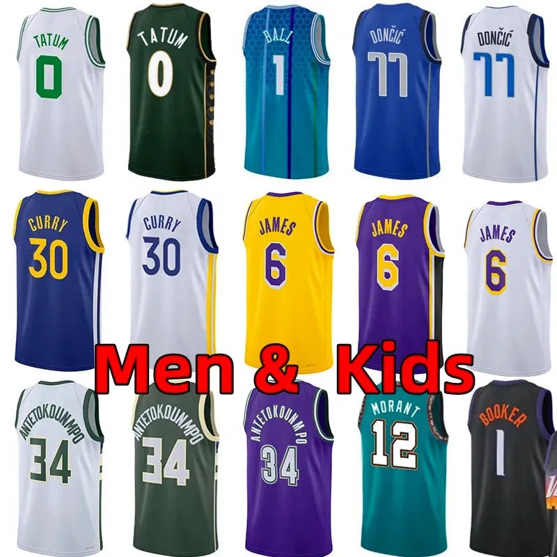 Maillots de basket personnalisés Hommes enfants Devin 1 Booker 30 Curry 6 James Jayson 0 Tatum Giannis 34 Antetokounmpo LaMelo 1 Ball Ja 12 Morant 77 Luka maillot pour enfants adultes