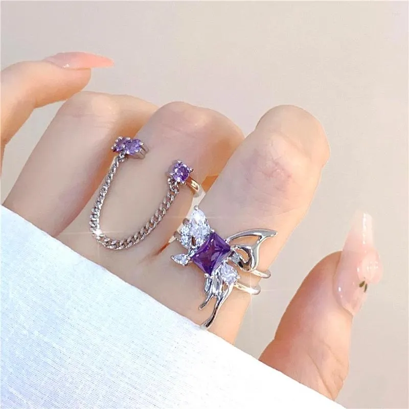 Anneaux De Mariage 2023 Designer Violet Zircon Exquis Gland Chaîne Anneau Ouvert Ensemble Papillon Évider Mode Rue Tendance Bijoux