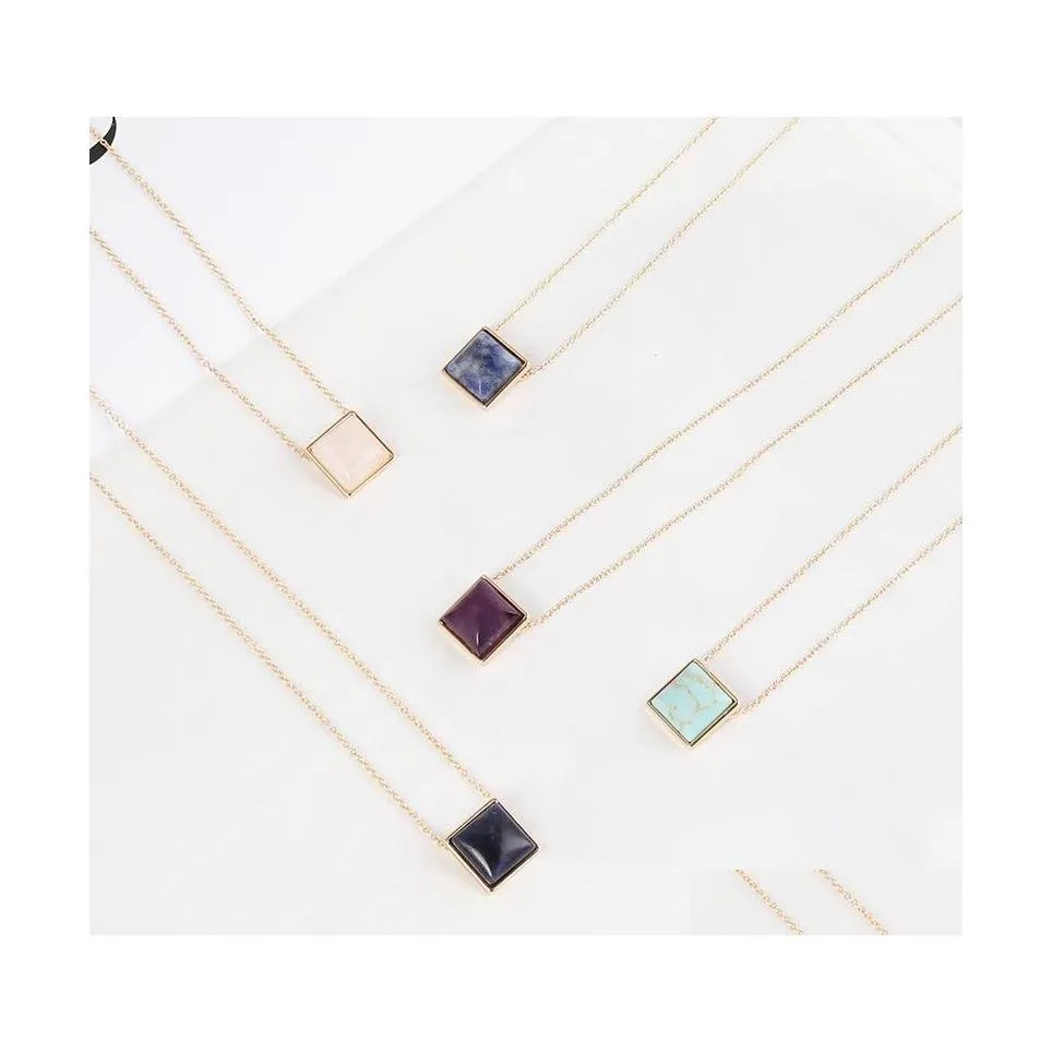 Naszyjniki wiszące mody kwadrat ametyst niebieski różowy kwarc Turkusowy naszyjnik z kamieniem naturalnym marka złota na kobiecie biżuterię dhrnv