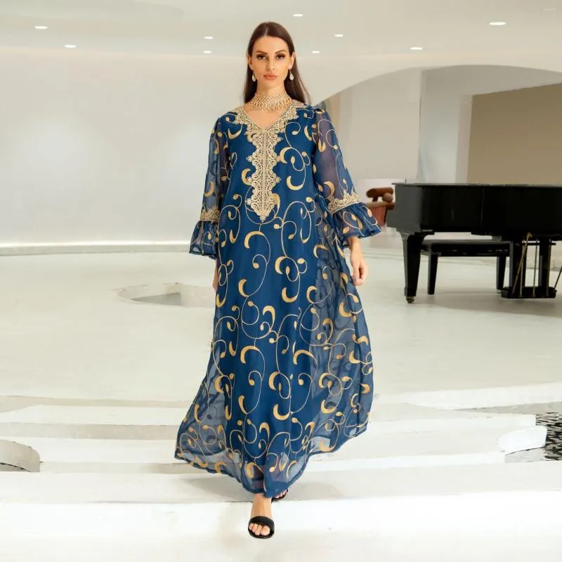 Ethnische Kleidung Damen Robe Mesh Stickerei Abendkleid Flare Manschette Elegante muslimische Kleider Mode Abaya Party Marokko Kaftan Islam