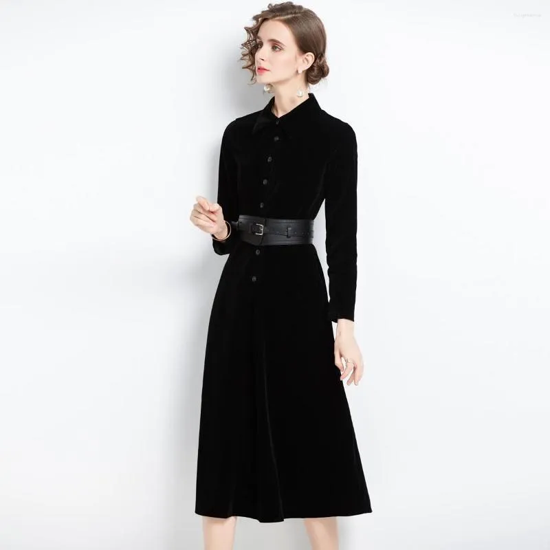 Abiti casual Abito midi a maniche lunghe in velluto Office Lady monopetto nero per donna Vestidos Casamento Convidada Elegante