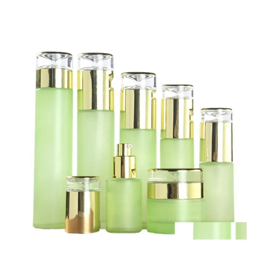 Bil DVR -förpackningsflaskor Grön kosmetisk glaslotionflaskförpackning med plastlock tom spray 20 ml 30 ml 40 ml 60 ml 80 ml 100 ml 120 ml drop dhe1o