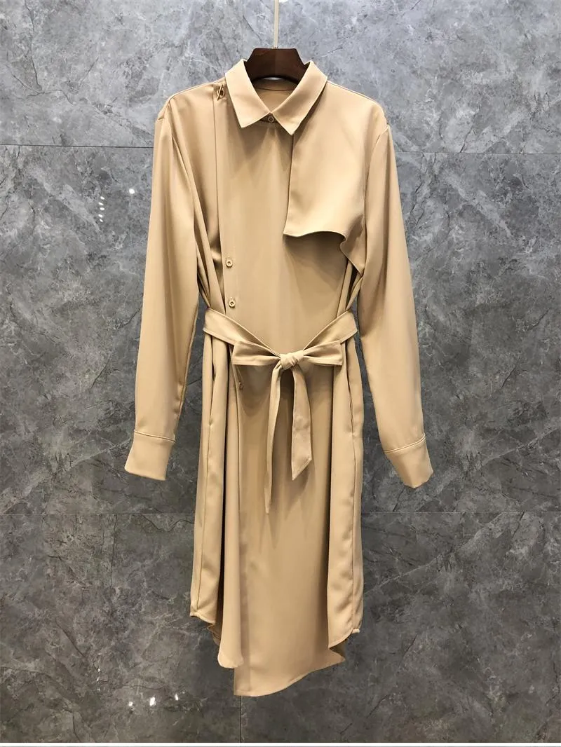 Casual jurken Elegant Work Dress 2023 Herfststijl Dames Turn Down kraag knop Belt Deco Lange mouw Mid-kalf Lengte Khaki Black ol