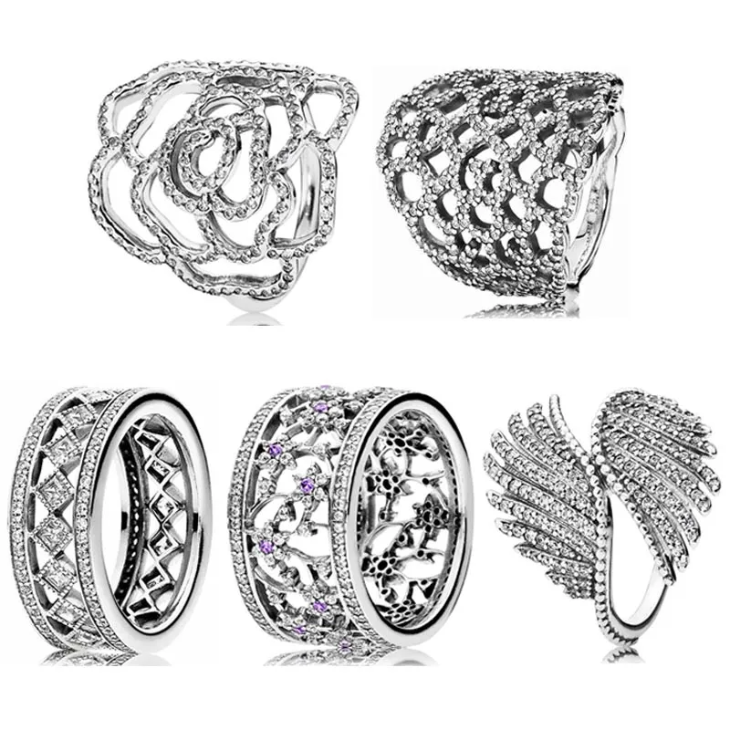 925 Silver Women Fit Pandora Ring Original Heart Crown Fashion Rings Openwork Wild Rose Flower Majestic Feathers Fascination Forget