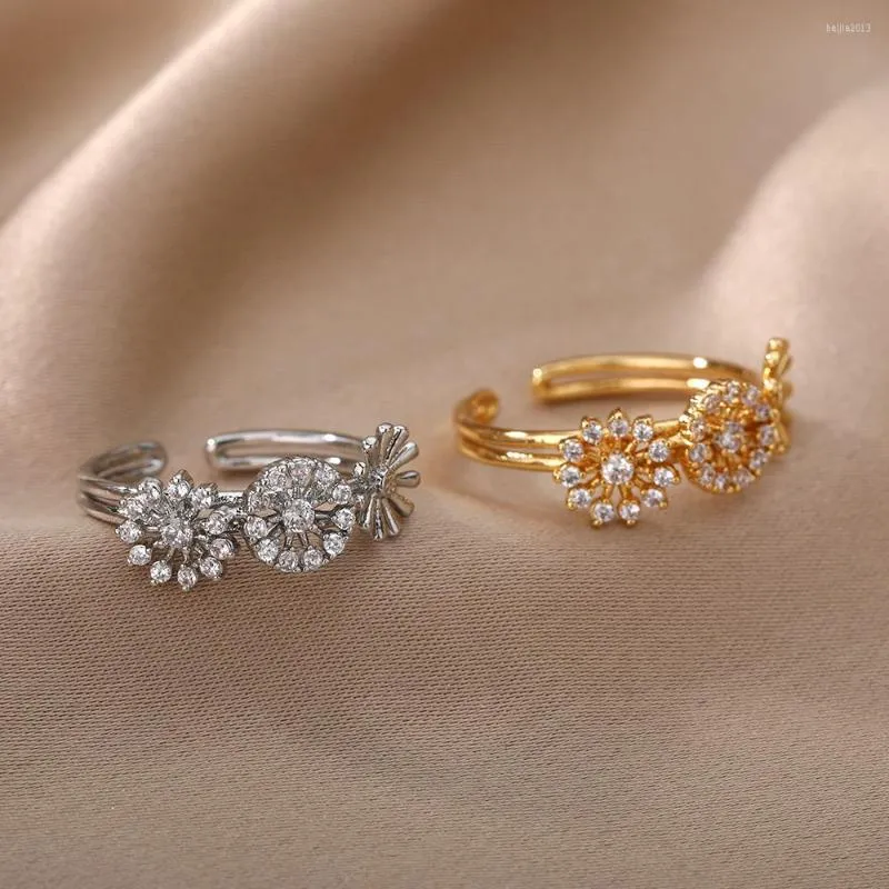 Bröllopsringar koreansk stil tusensköna för kvinnor flickor zirkon kristall blomma ring justerbar öppen manschett engagemang vintage smycken
