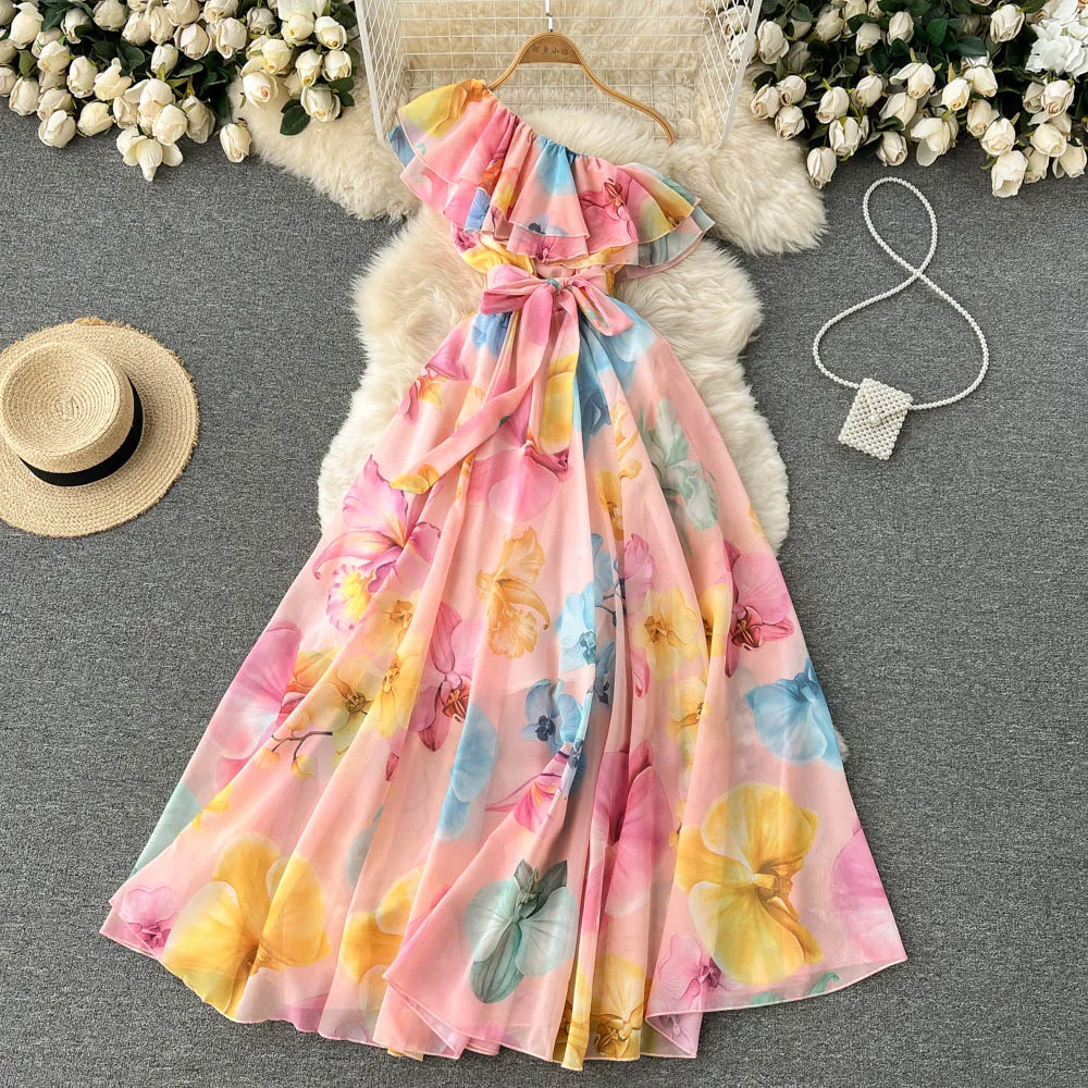 Summer new style celebrity dress design sense Irregular oblique shoulder chiffon floral dress Temperament binding waist long skirt