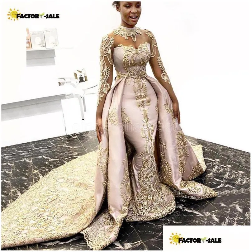 Sjöjungfrun klänningar 2022 elegant ljusrosa med guldapplikationer avtagbart tåg hög hals illusion ärm klänning satin domstol bc49 dh7tu