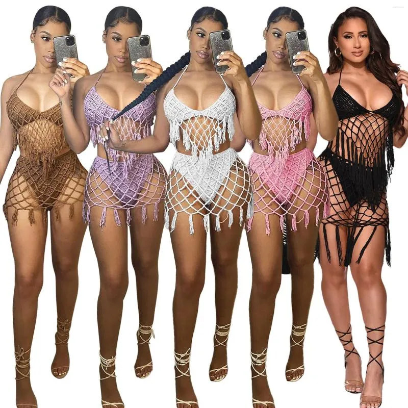 Roupa de banho feminina verão praia sexy biquíni vazado crochê sexy verão conjunto de duas peças maiô roupa de banho