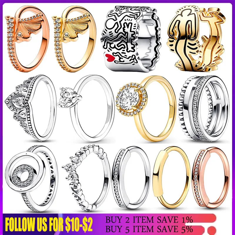 925 Silverkvinnor Fit Pandora Ring Original Heart Crown Fashion Rings Signature Logo Ginkgo Leaves Crown Graffiti