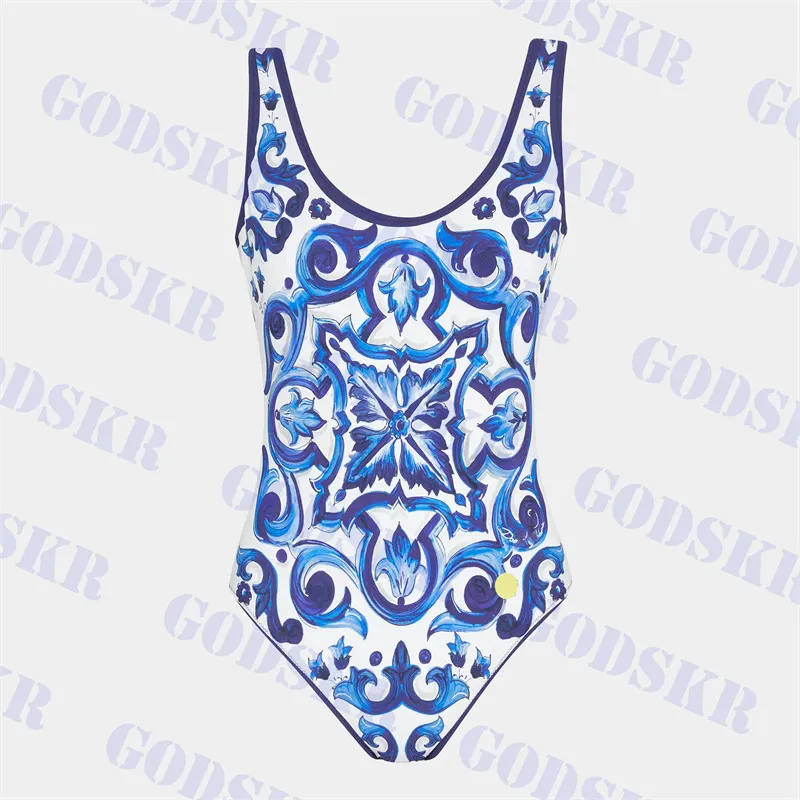 Blue Jacquard Swimwear One Piece Bikini For Women Sexy Backless Swimsuit Ladies Bathing Suit