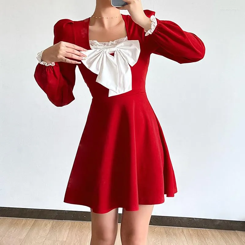 Casual Dresses Female Insta Christmas Bow Red Dress Lace Stitching Ins Institute Wind Restoring Ancient Ways TemperamentCasual