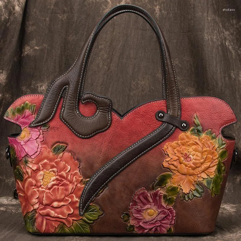 Kvällspåsar äkta läder retro lyxväska handgjorda kinesiska stil präglade handväskor kvinnor designer axel crossbody