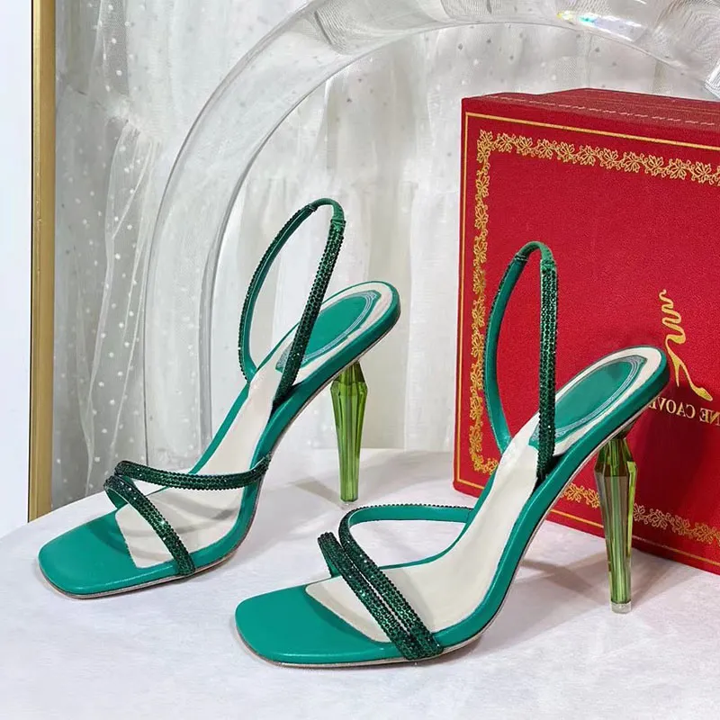 Sandália Diamond Crystal Verde Esmeralda 105mm Designer de Luxo Alça de dedo do pé incrustada de cristal Salto agulha Strass Sapatos para festa à noite